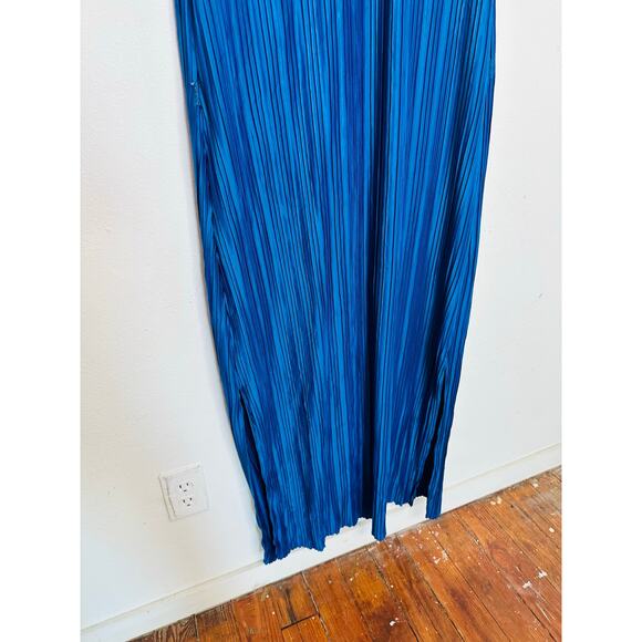 ATLEIN X RTR Navy Blue Plisse Tie Neck Sleeveless Side Slit Midi Dress Size M - Picture 5 of 16